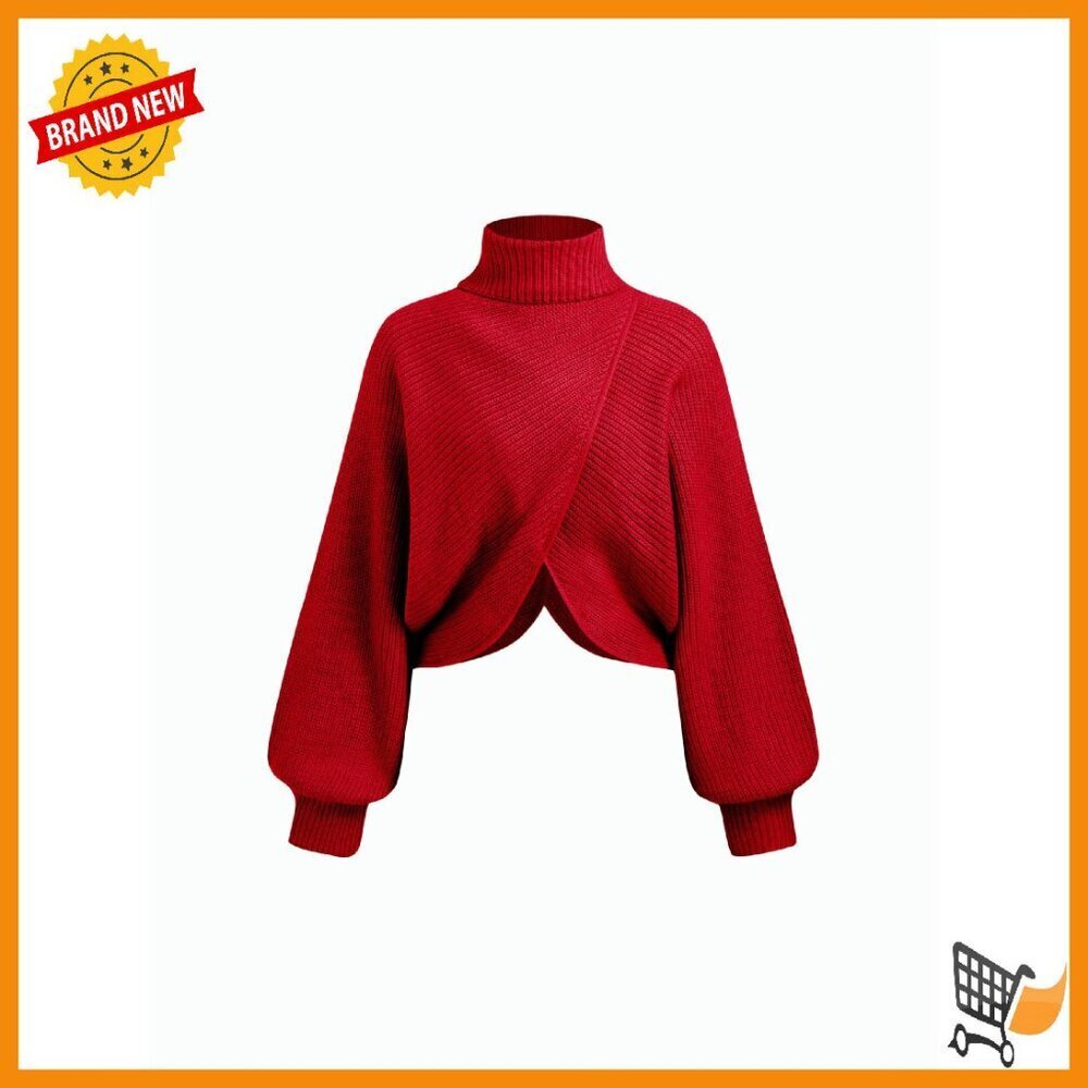 Cropped Turtleneck Sweater Ribbed Knit Lantern Sleeve Pullover Fall